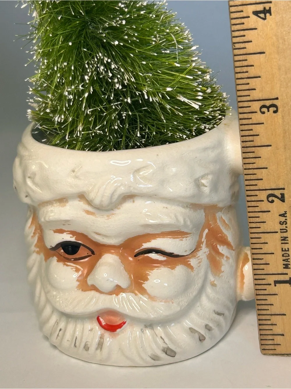 Vintage Retro Winking Christmas Santa Mug Bottle Brush Kitsch Whimsy Holiday 70s